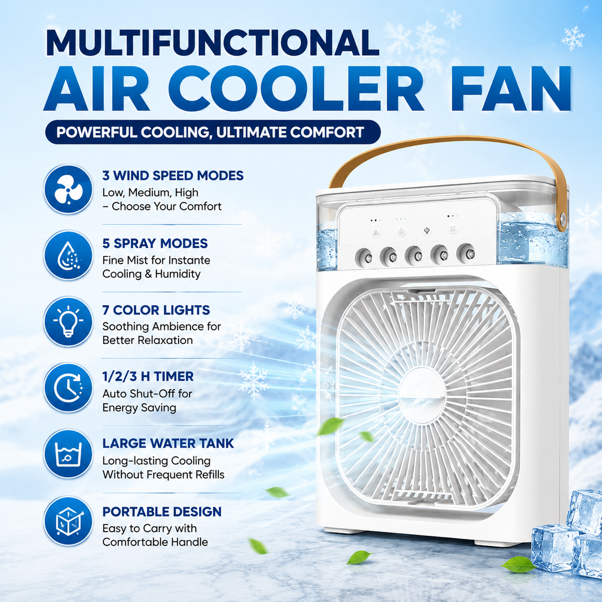 Mini Portable Air Conditioner – 3 Speed Mist Cooling Fan | USB Powered | Home, Office & Travel Use