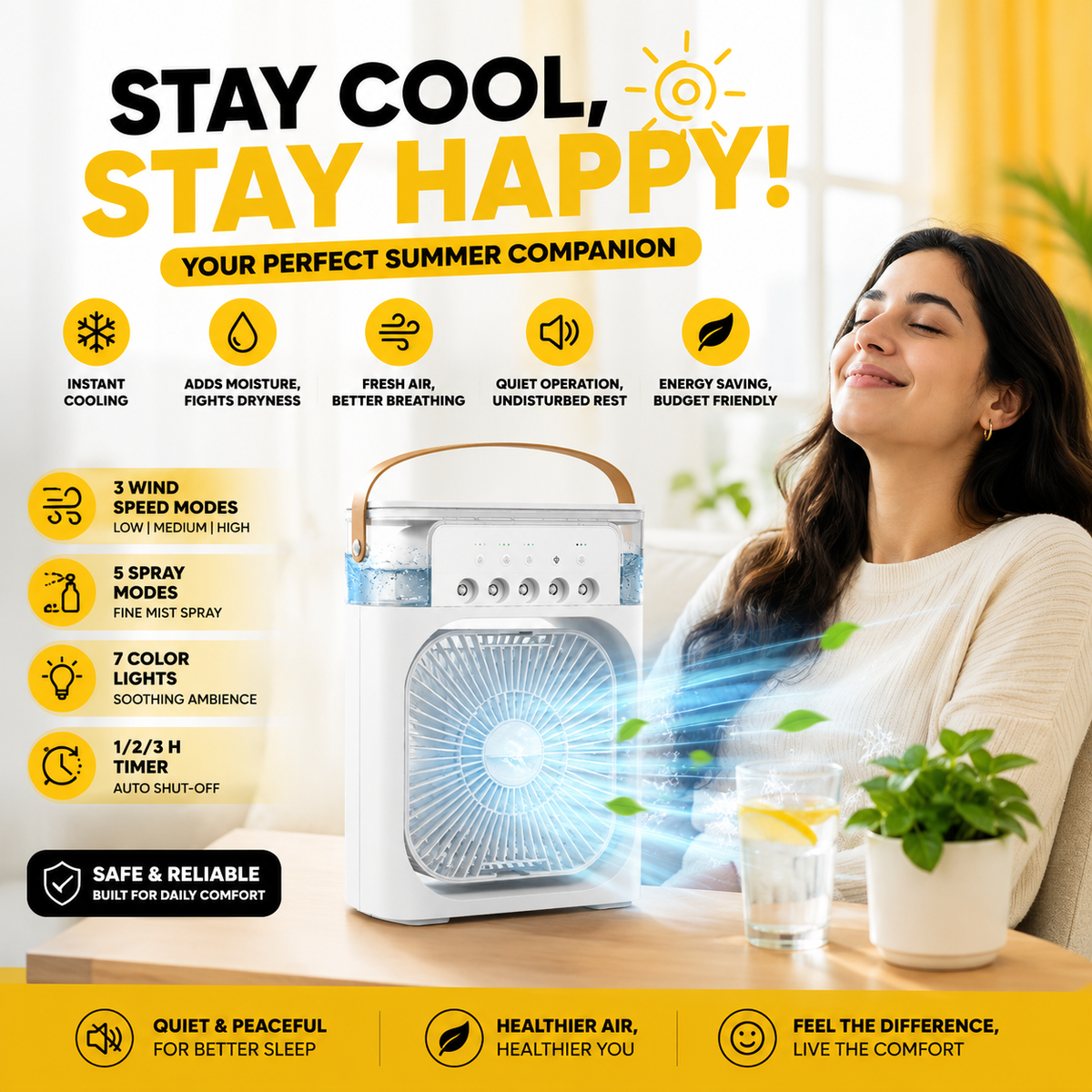 Mini Portable Air Conditioner – 3 Speed Mist Cooling Fan | USB Powered | Home, Office & Travel Use